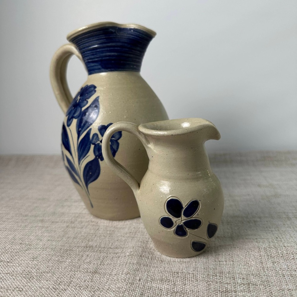 Vintage Williamsburg Pottery Cobalt Floral Stoneware Pitchers Set of 2